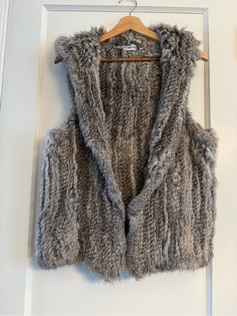 Rabbit Fur Hooded Vest in Brown and Cream 525 American M